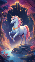 Obraz premium The image features a unicorn depicted in a cheerful, colorful manner, combining elements of fantasy and adventure, and illustrated in a cartoon style.