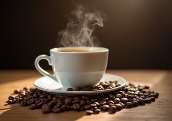 Warm cup of coffee surrounded by roasted beans on a wooden table in soft morning light