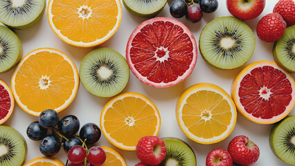 variety of fruits in slices on white background, healthy food and healthy lifestyle