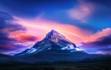 Majestic mountain peak at sunset, vibrant colors paint the sky. Clouds embrace the summit, creating a breathtaking landscape. Ideal for nature, travel, and adventure themes.
