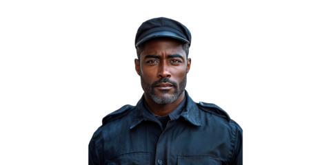 Man in Navy Cap and Uniform Isolated on Transparent Background.