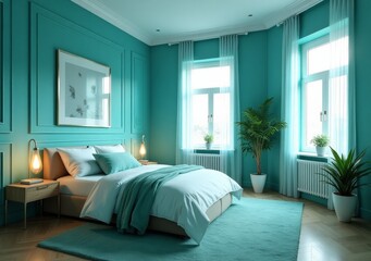 Modern bedroom featuring turquoise walls and natural light with elegant decor and plants