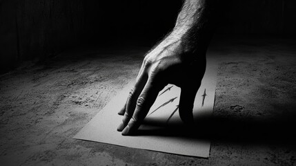 A shadowy hand reaches across a surface, tracing lines on paper in a dimly lit environment, evoking a sense of mystery and introspection.