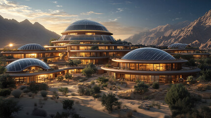 Obraz premium Modern eco-friendly architecture blends with desert landscape at sunset in a sustainable complex. Generative AI