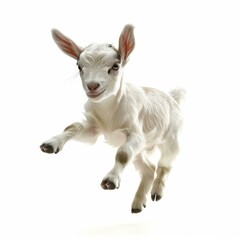 Adorable baby goat jumping enthusiastically, showcasing its playful nature against a clean white backdrop