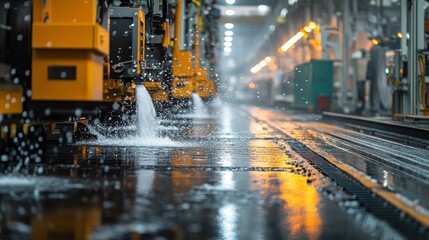 Industrial machinery in a factory setting with water spray and metal parts