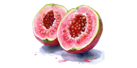 Pink Guava Halved Showing Seeds Isolated on Transparent Background.