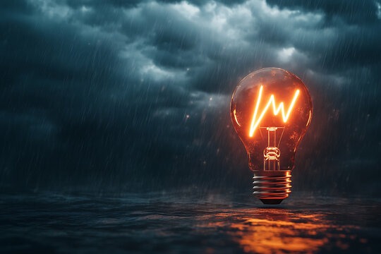 Illuminating Ideas: A Glowing Lightbulb Amidst a Dark and Stormy Night. A symbol of hope, innovation, and creative solutions in challenging times.