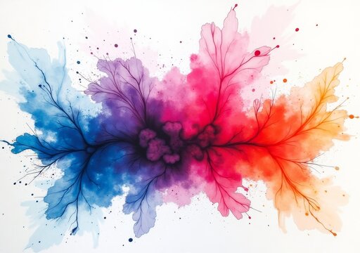 Colorful abstract artwork with blue, pink, and purple leaf patterns on a light background
