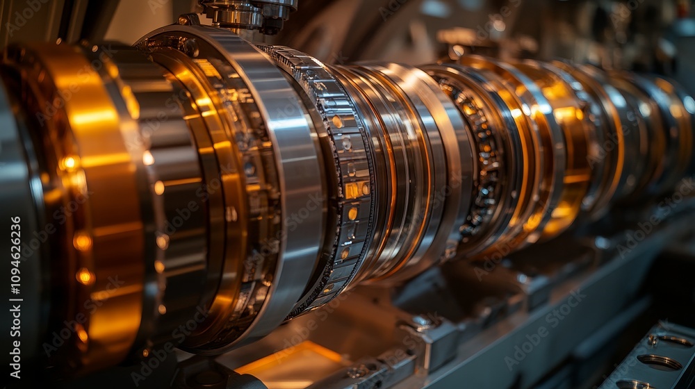 Aufkleber close-up of a complex metallic gear system within a machine
