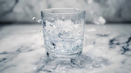 7. A tumbler glass falling towards a marble floor, ice melting rapidly as it descends