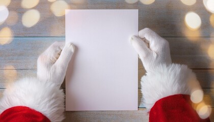 Santa's hands in white gloves holding a white card. Christmas background. Free space for text. New Year postcard.  Flat lay.