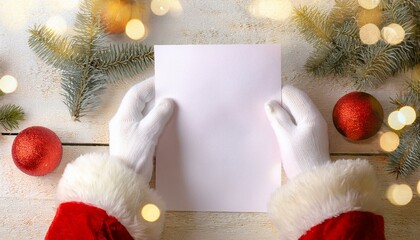Santa's hands in white gloves holding a white card. Christmas background. Free space for text. New Year postcard.  Flat lay.