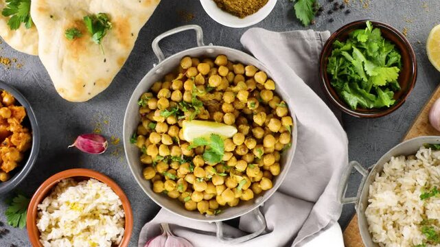 indian food selection, dhal, chickpea curry meal, naan bread, basmati rice