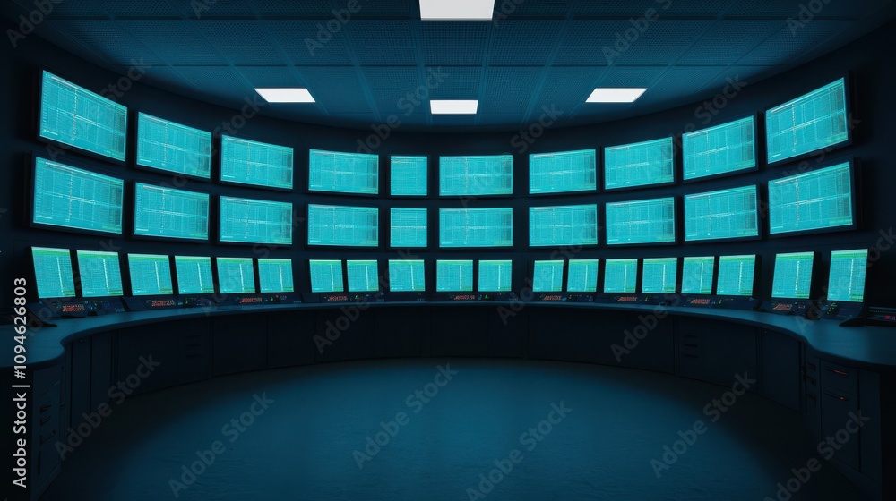 Aufkleber a futuristic control room featuring multiple screens displaying data in a blue-tinted environment.