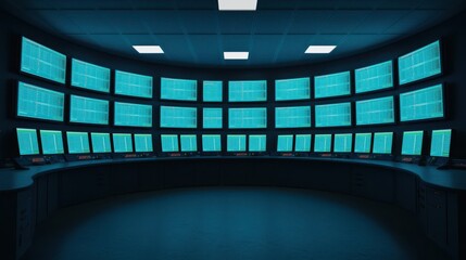 A futuristic control room featuring multiple screens displaying data in a blue-tinted environment.