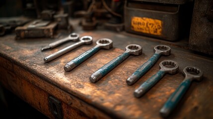 A Row of Rusty Wrenches on a Wooden Workbench