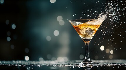 11. A fragile cocktail glass slipping from a high surface, ice melting and water droplets trailing