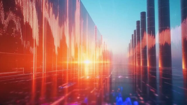 Glowing red economic graphs, rising bars, and a digital environment. The data analysis, technology-driven progress, and financial growth. business, finance, innovation, and statistical trends concept