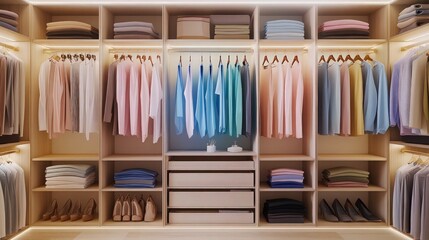 A spacious, modern wardrobe interior filled with neatly arranged clothing on hangers, featuring a variety of colors like pastel blues, soft pinks, and warm earth tones.   