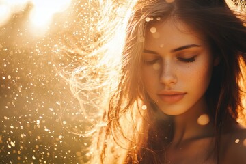 Young woman with flowing hair enjoying a golden sunset in a natural setting