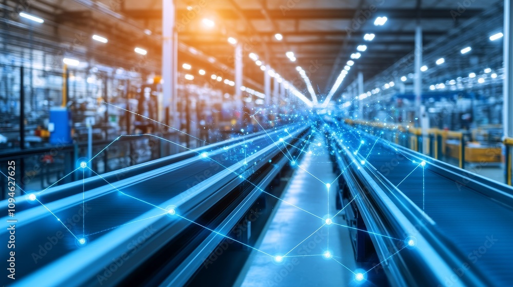 Poster automated conveyor belt system with digital network overlay in a modern warehouse