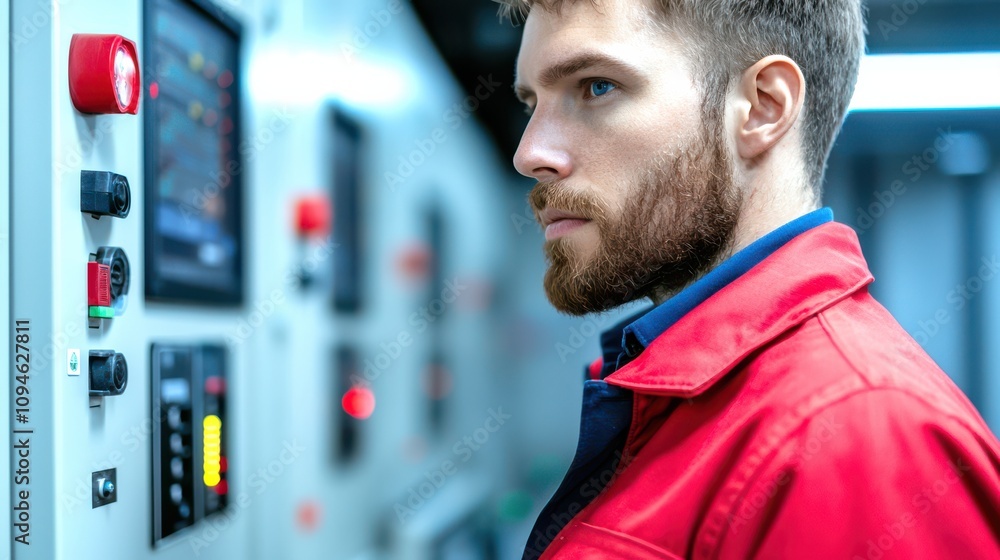 Poster a focused technician in a red uniform monitors control panels, showcasing a professional environment