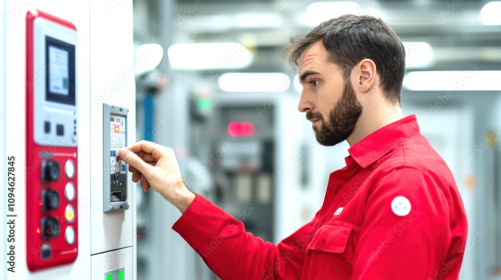 Poster a technician in a red uniform adjusts settings on a control panel in an industrial setting, focusing