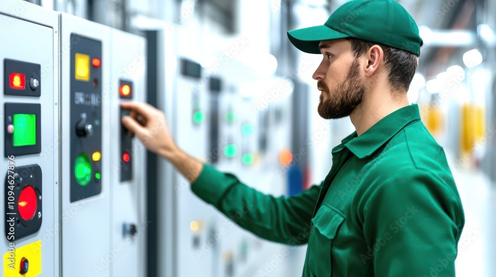 Poster a technician in a green uniform operates control panels in an industrial setting, ensuring optimal f