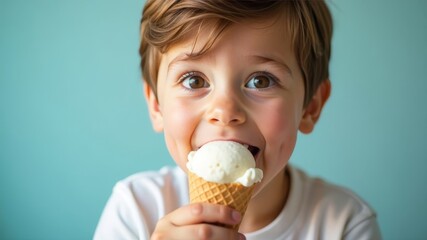 A young boy with wide eyes takes a big bite of ice cream