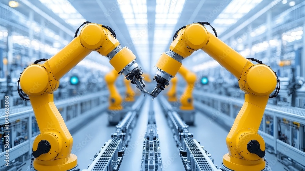Aufkleber two yellow robotic arms on an automated assembly line in a modern factory