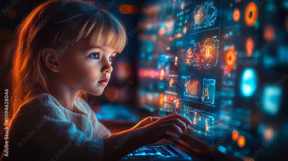 Poster futuristic classroom with students using ai-powered tablets and holographic displays
