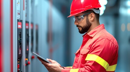 A worker in safety gear uses a tablet to monitor electrical equipment in a control room, emphasizing safety and technology in industrial settings.