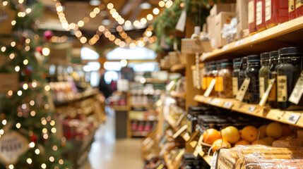 Holiday Market Scene with Festive Decorations and Colorful Products Shelves Filled with Jars, Bottles, and Natural Goods Creating a Warm Atmosphere