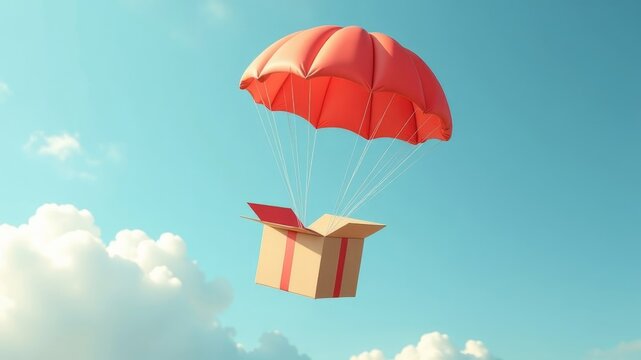 a box with a cardboard parcel descends on a red parachute against a blue sky
