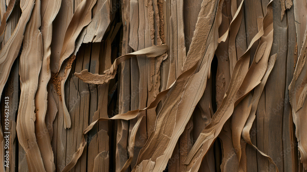 Poster close-up view of stripped and textured bark on a tree with natural brown tones, showcasing organic p