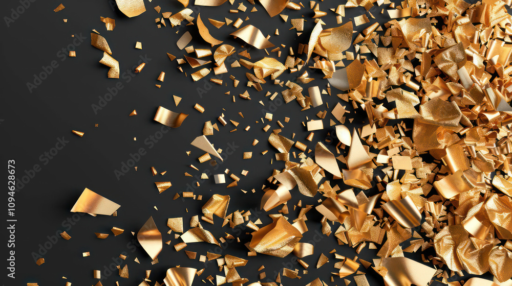 Poster golden metallic shards and fragments falling against a dark background, creating a dynamic and luxur