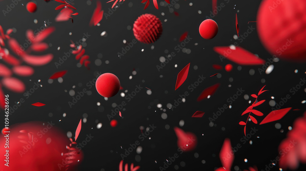 Leinwandbilder abstract composition of red shapes floating in space with black background featuring leaves, circles