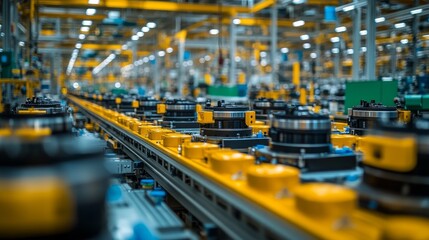 Industrial Assembly Line with Yellow Conveyor Belts and Black Components