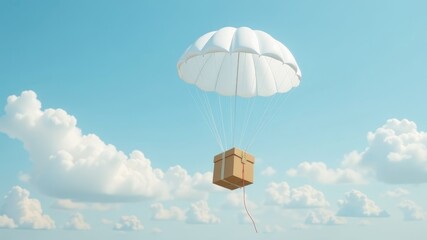 a cardboard box descends on a white parachute in the sky among the clouds