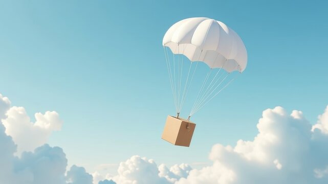 a cardboard box descends on a white parachute in the sky among the clouds