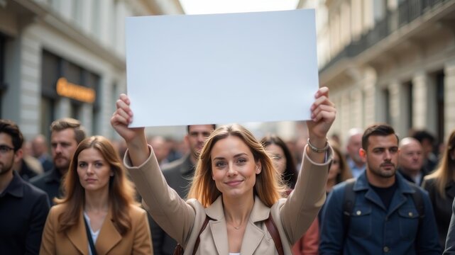 Female protester holds up blank sign in crowd