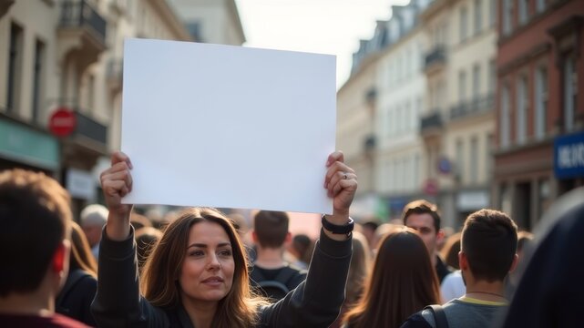 Female protester holds up blank sign in crowd