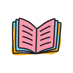 Doodle book icon handdrawn with thin line and colored with colorful blobs. Hardcover literature symbol isolated on white background. Vector illustration