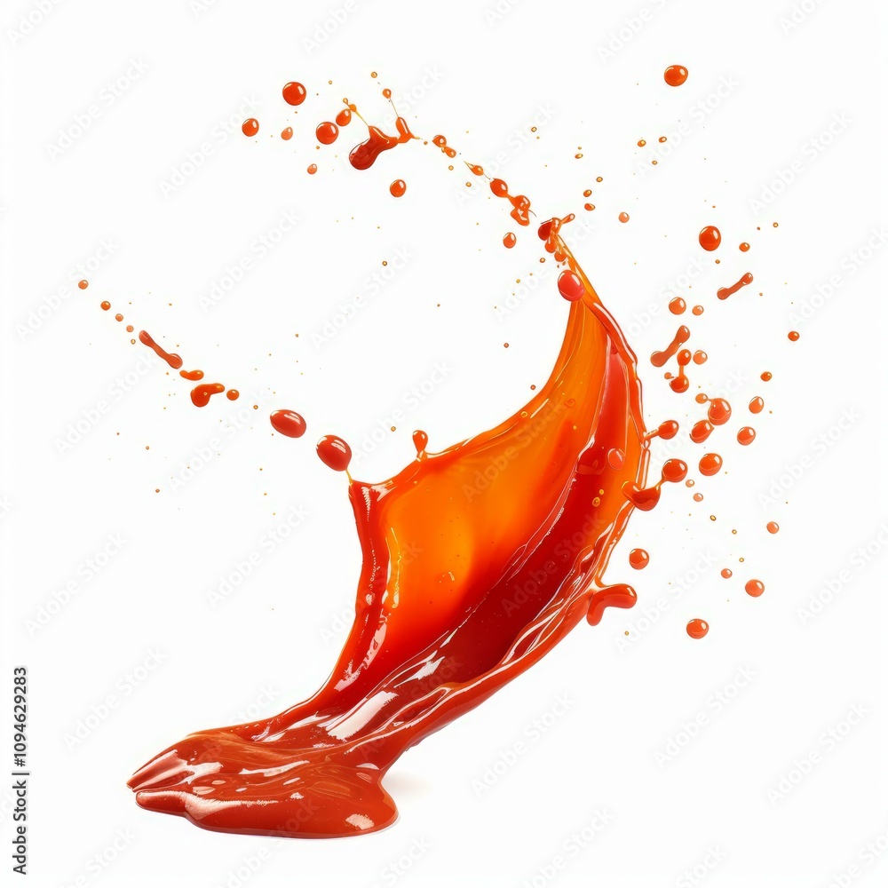 Poster dynamic orange liquid splashing, creating droplets and a fluid arc against a clean white backdrop