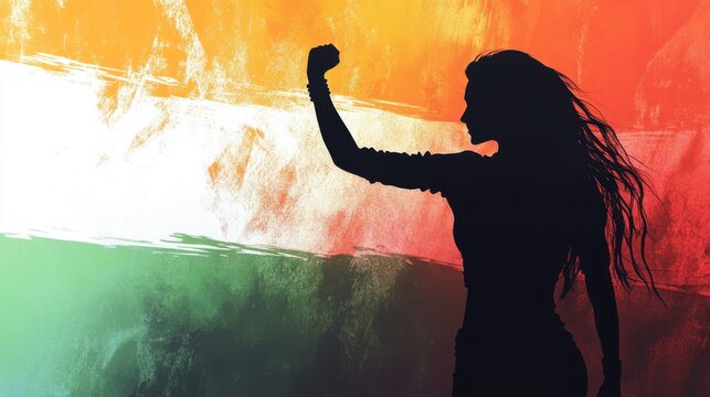 women empowerment concept, strong, power emotion, independent, feminine, Indian flag in background, artistic silhouette