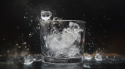 25. A tumbler glass about to hit the ground, ice melting and breaking off as it falls