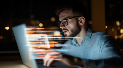 Focused male programmer working on a laptop at night with digital code effects representing fast data processing and technology innovation in a modern environment