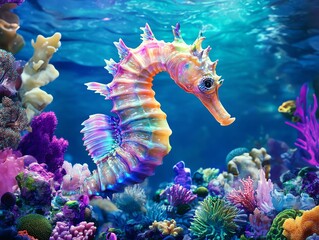 Vibrant rainbow seahorse swimming amidst colorful coral reef.  Underwater scene, fantasy, magical, ocean life.