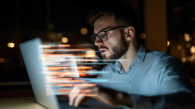 Focused male programmer working on a laptop at night with digital code effects representing fast data processing and technology innovation in a modern environment
